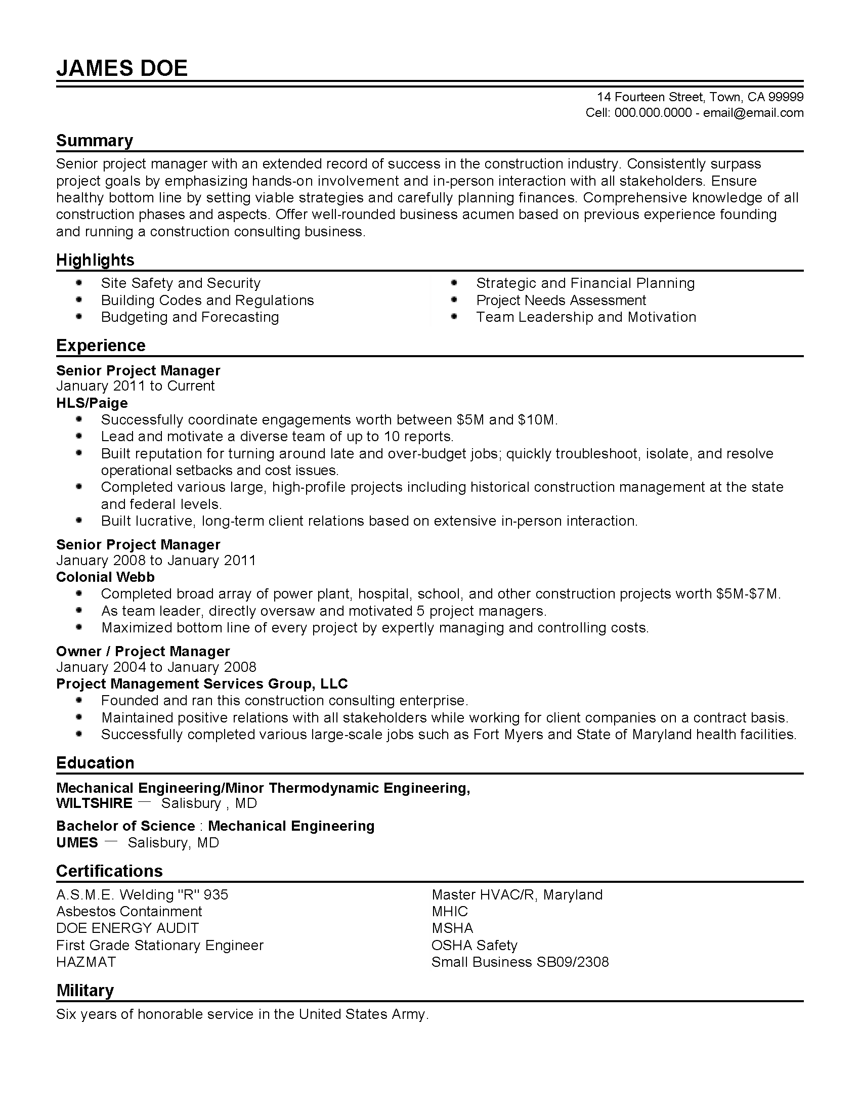 resume templates for senior project manager