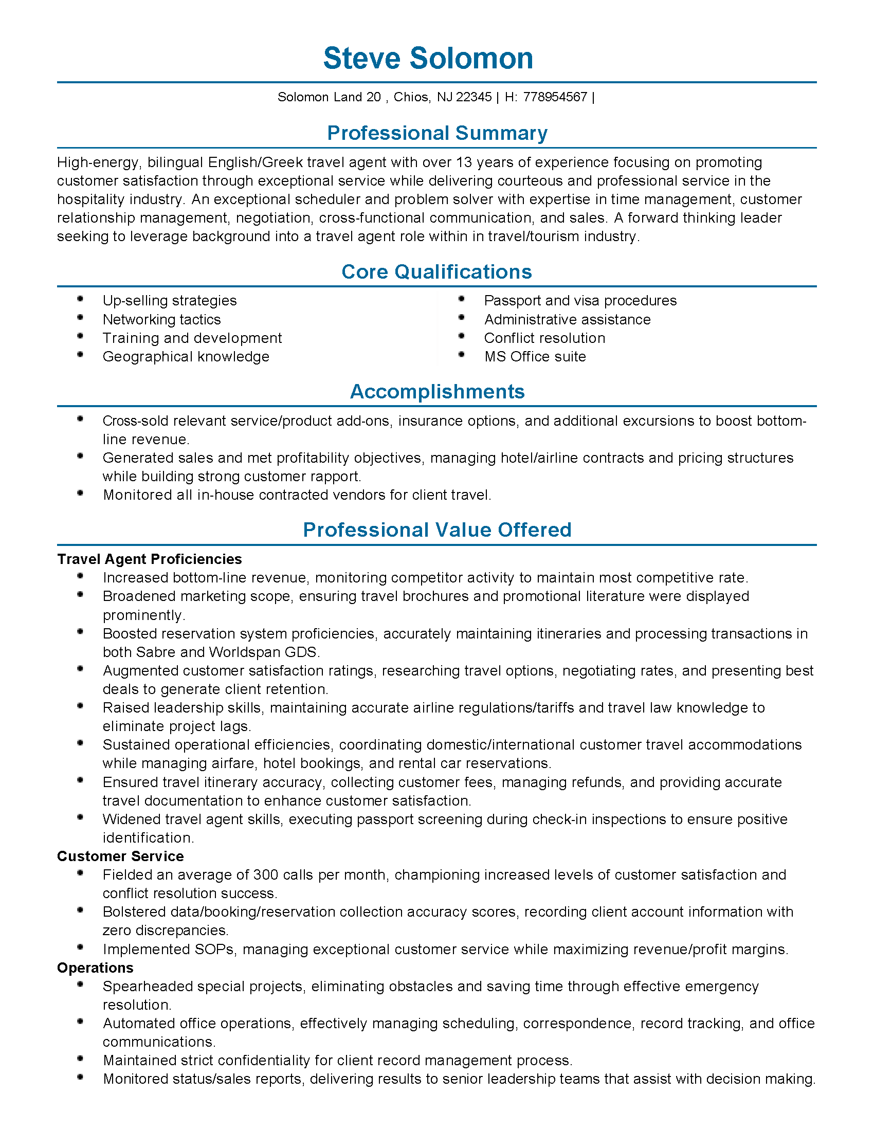 resume example for a travel agent