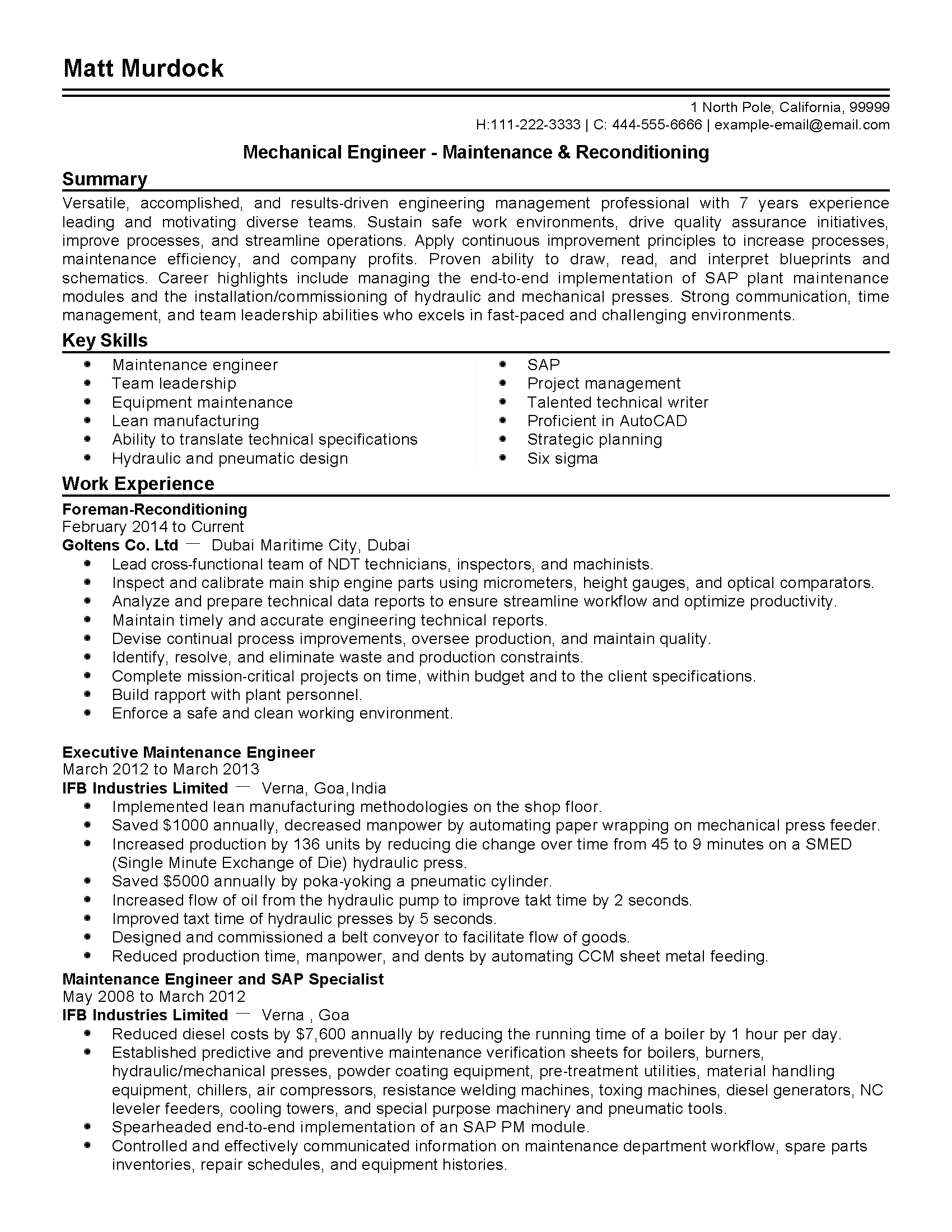 pump service engineer resume