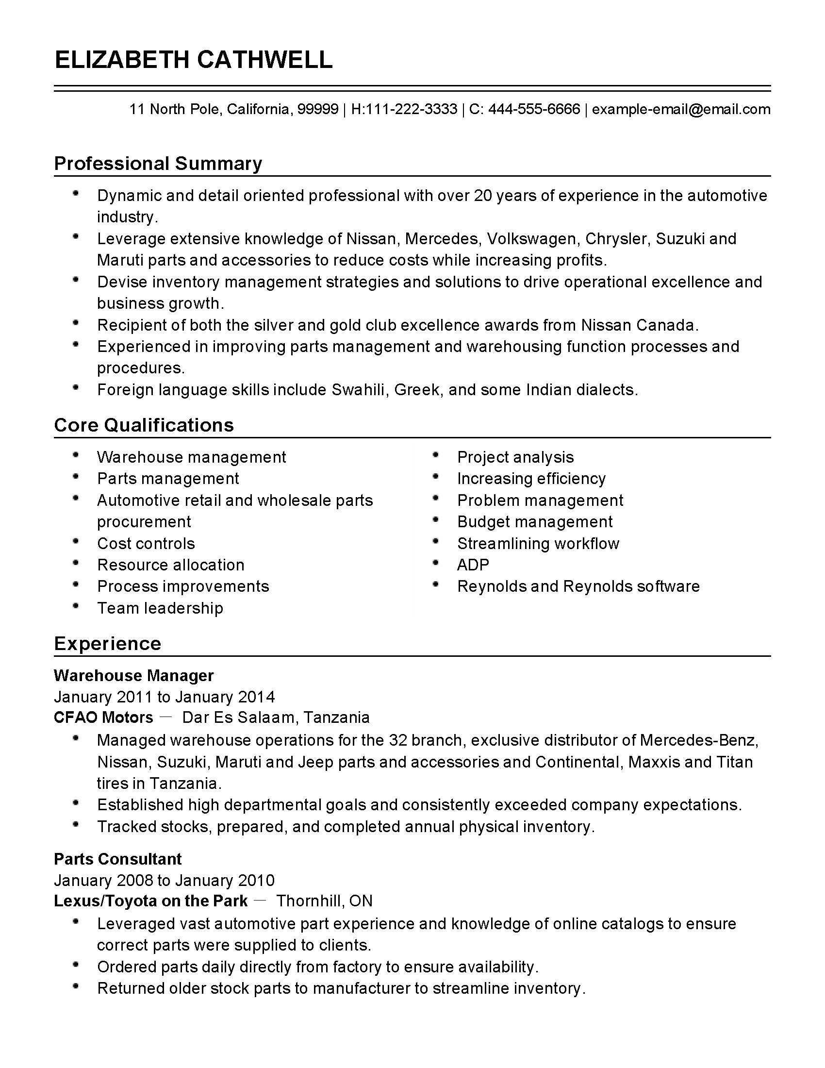 Automotive Inventory Manager Templates Myperfectresume