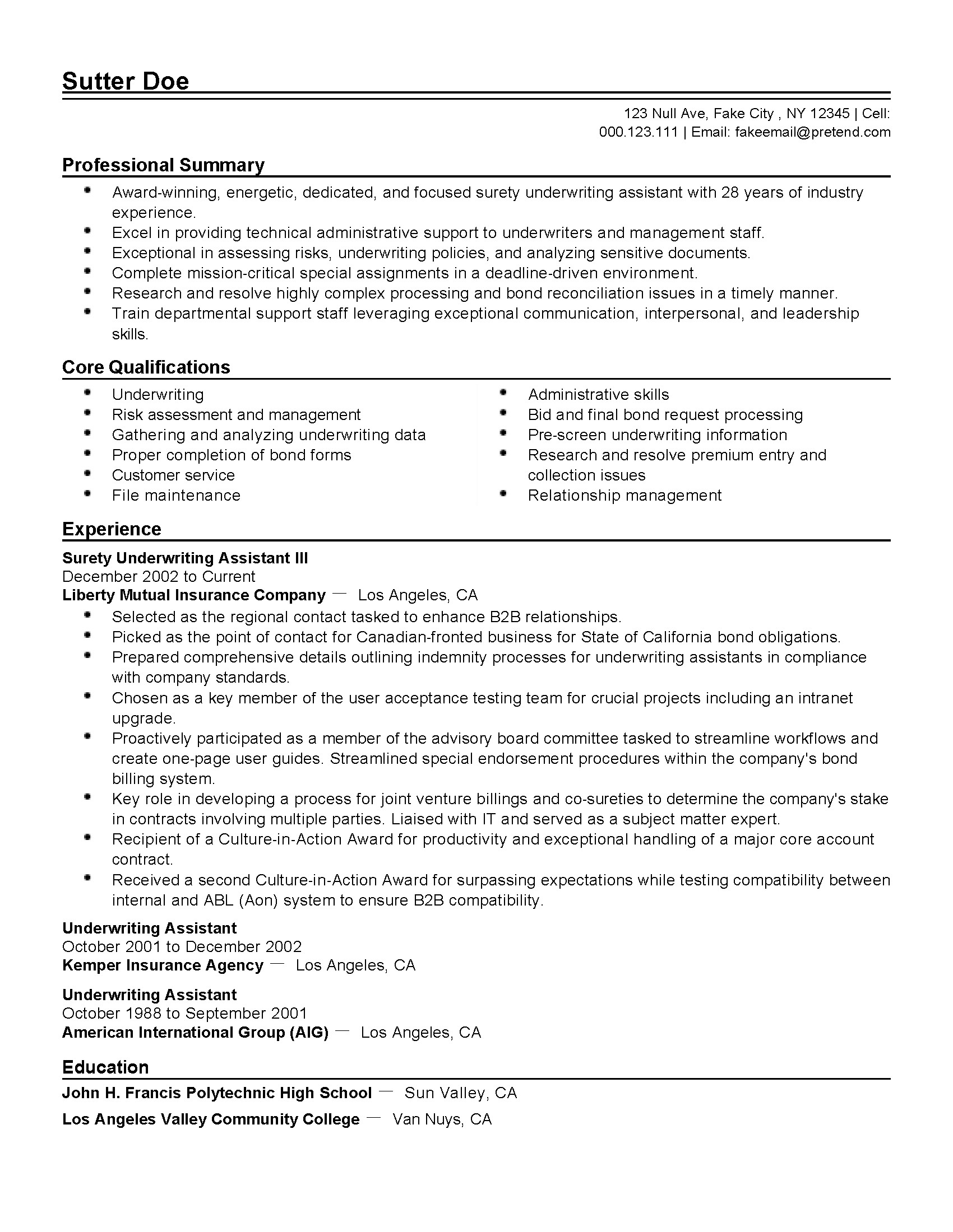 underwriters resume