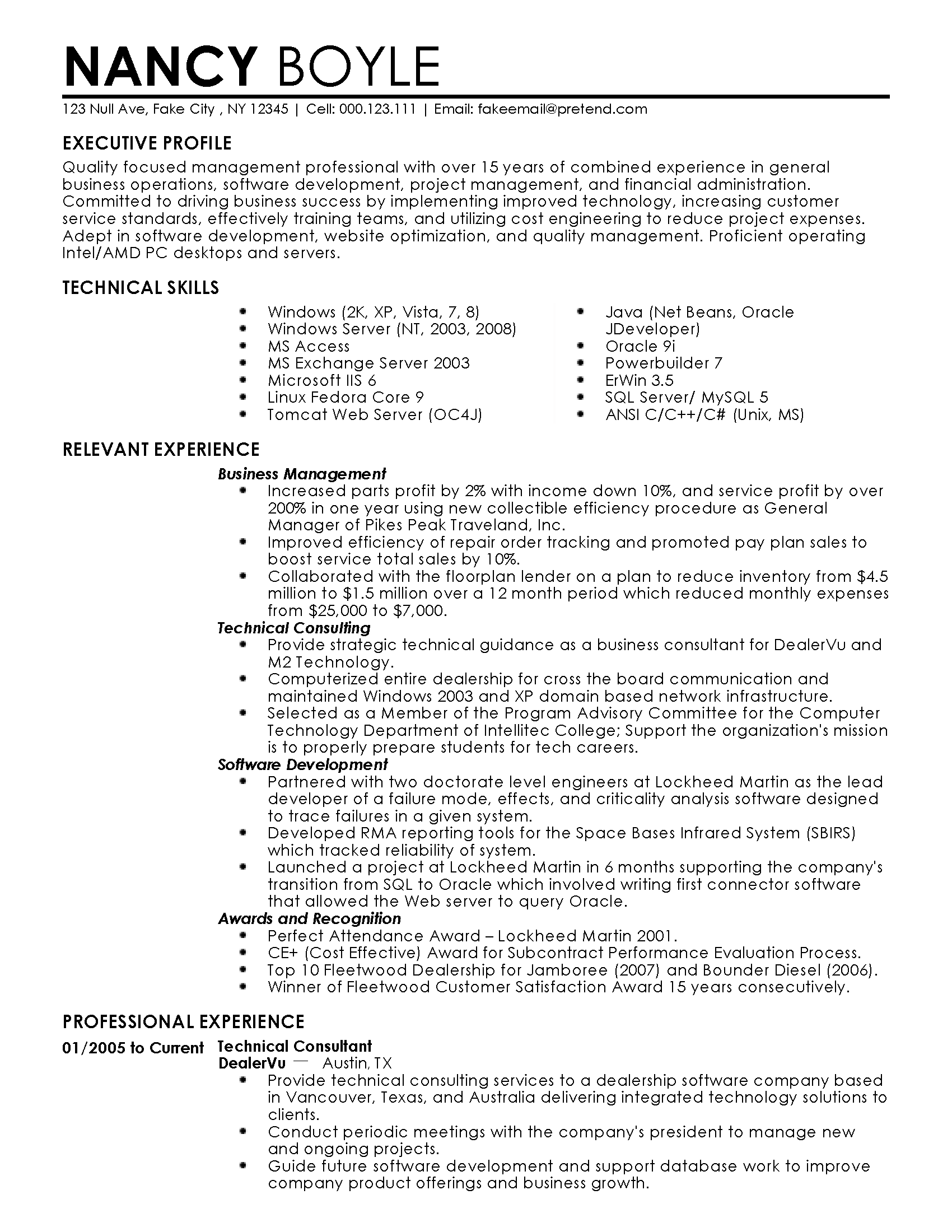 resume examples of management skills