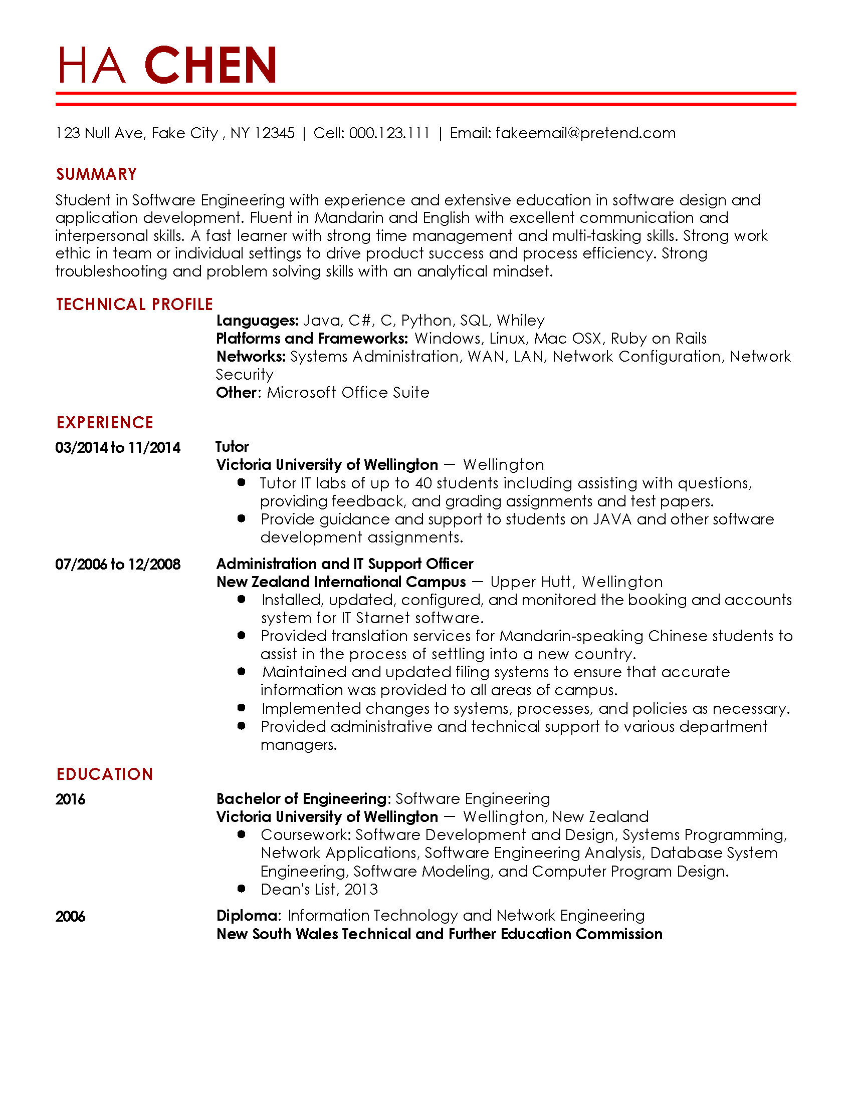 Entry level Software Engineer Resume Example