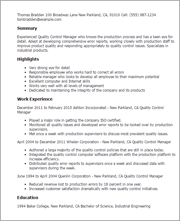 Quality Control Manager Templates Myperfectresume