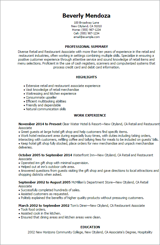 1 retail and restaurant associate resume templates try them retail professional summary