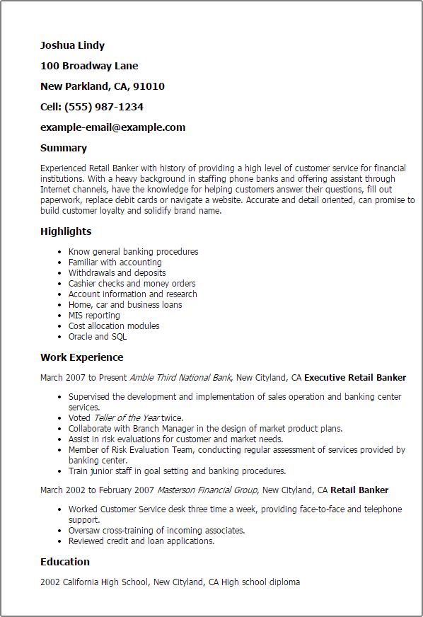 retail banking resume examples