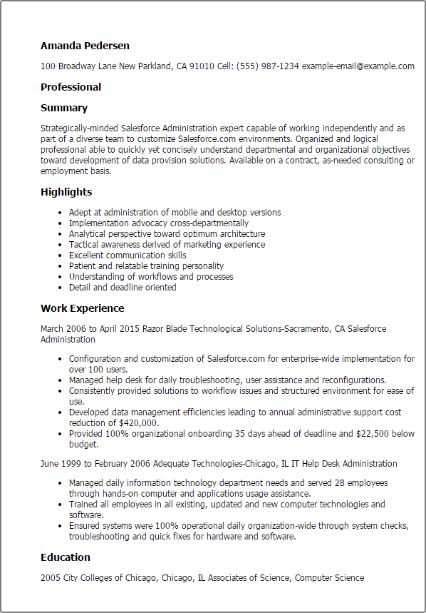 sales force admin resume