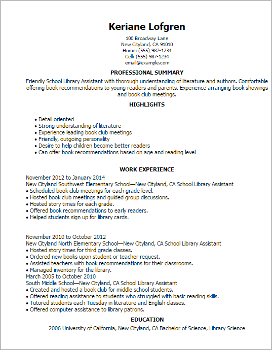 School Library Assistant Resume Template Best Design Tips Myperfectresume