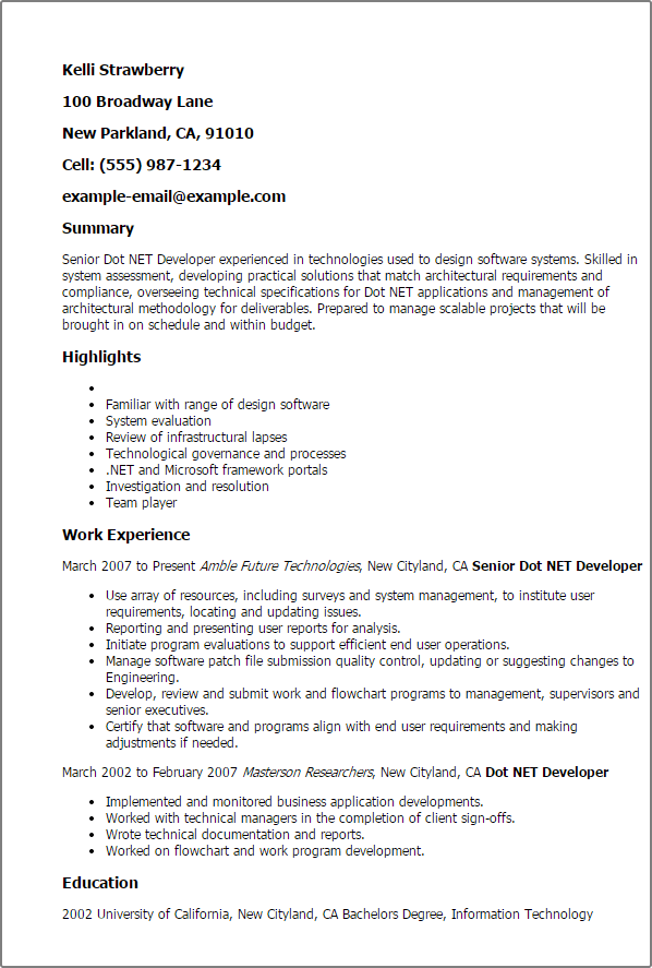 sample resume for .net developer with 1 year experience