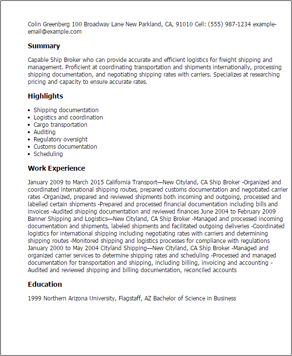 1 ship broker resume templates try them now myperfectresume shipbroker