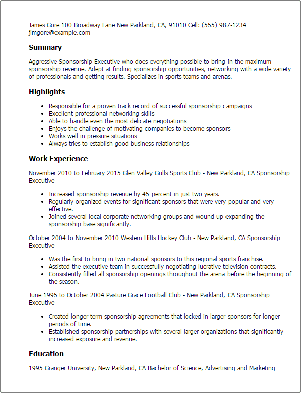 Sponsorship Executive Resume Example Myperfectresume