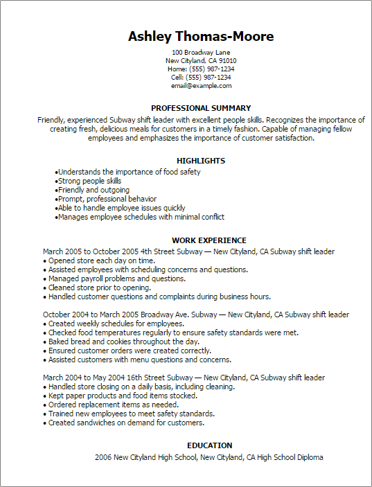 Subway Resume Examples Remar