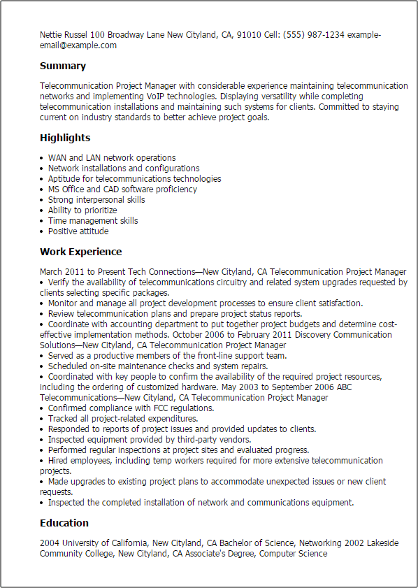 Professional Telecommunication Project Manager Templates ...