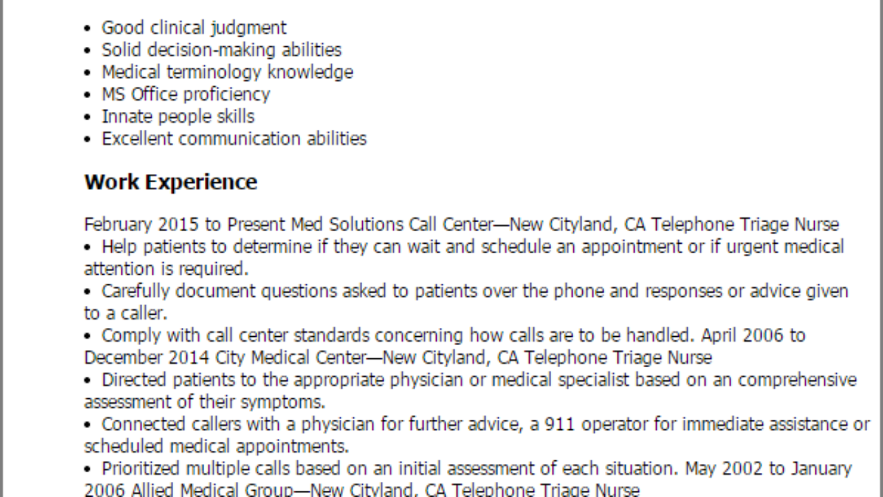 1 telephone triage nurse resume templates try them now triage nursing