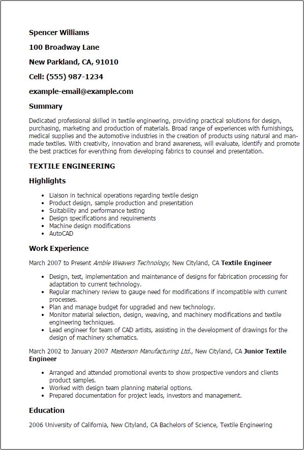 Textile Engineer Resume Example Myperfectresume