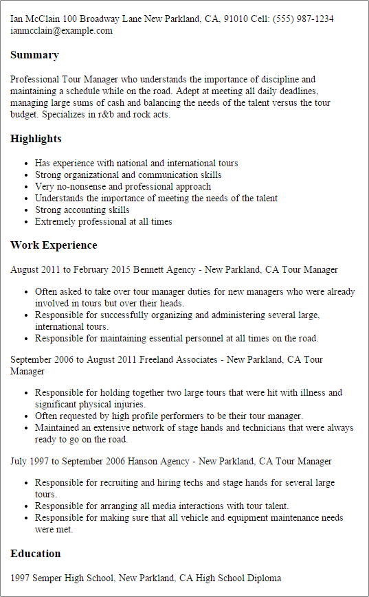 tour manager resume template best design tips myperfectresume