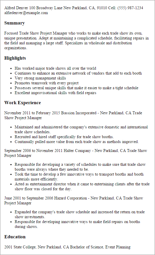 professional trade show project manager templates to trade show manager resumes