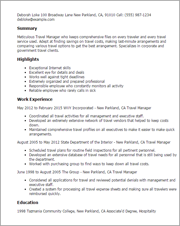 tourism manager cv