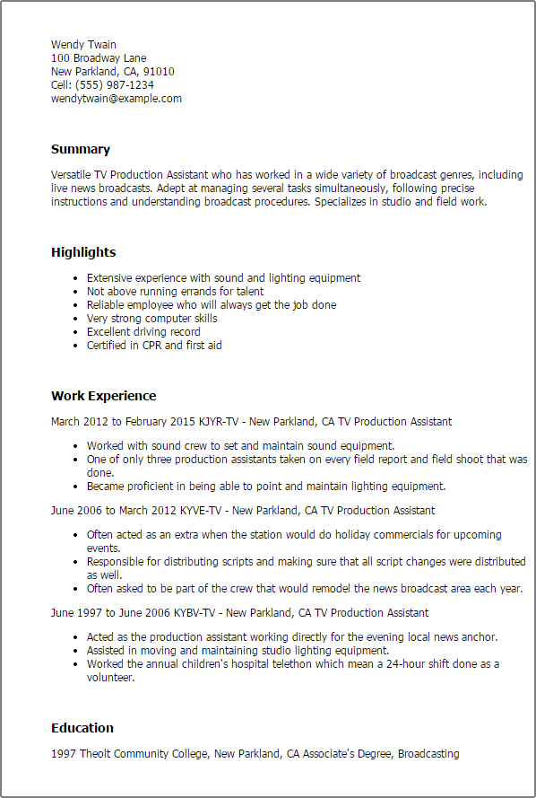 Tv Production Assistant Resume Template — Best Design ...