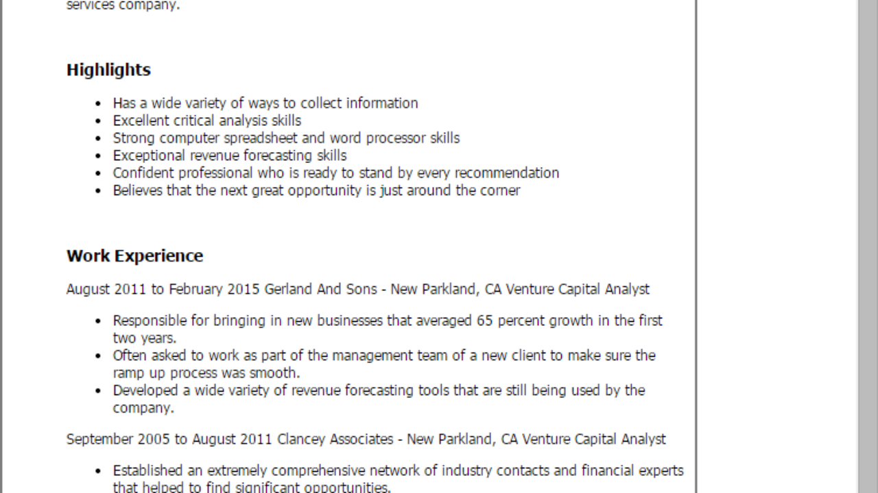professional venture capital analyst templates to showcase equity resumes