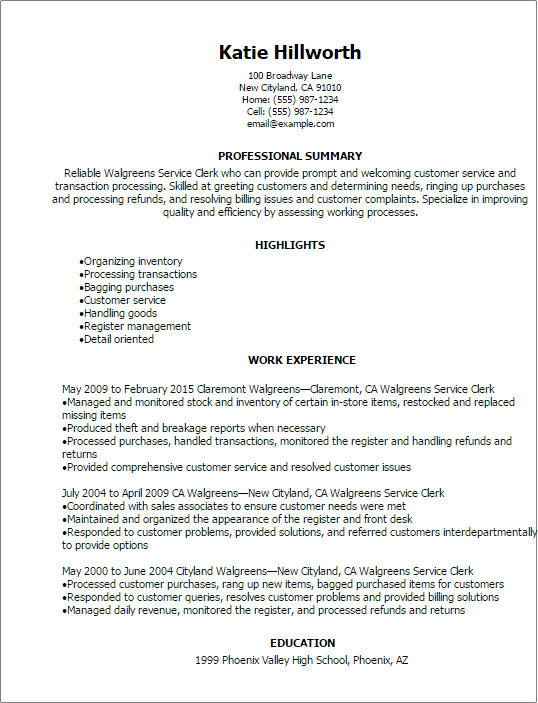 Walgreens Service Clerk Resume