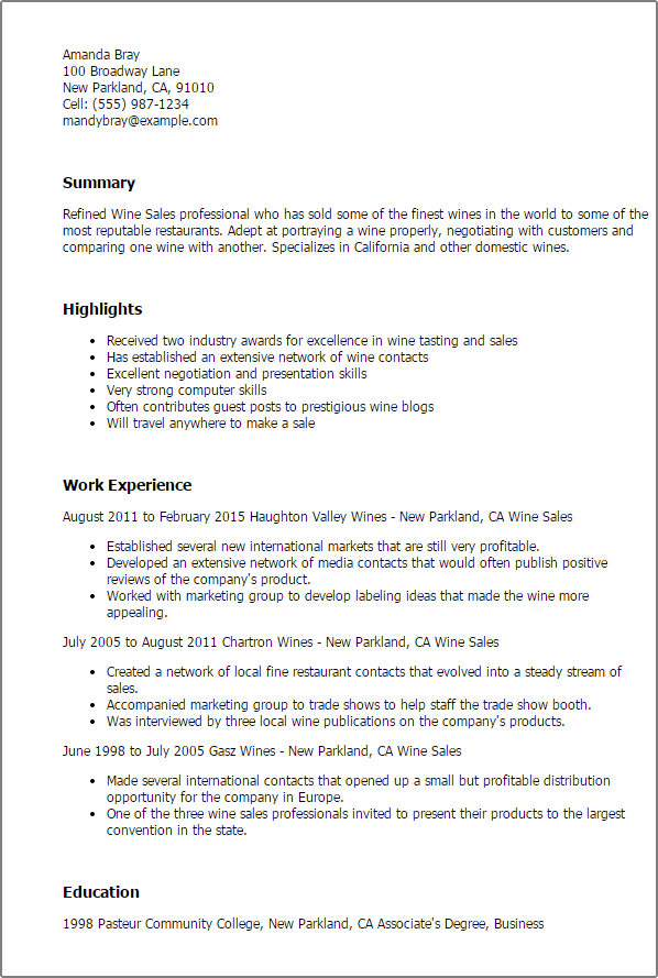 resume for wine salesperson