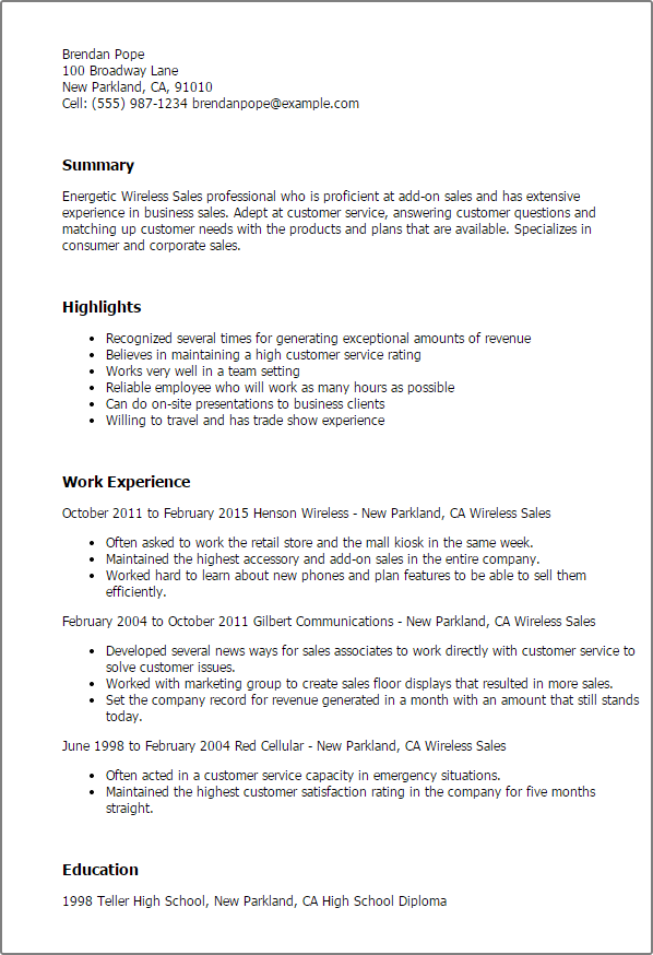 sales cell phone resume