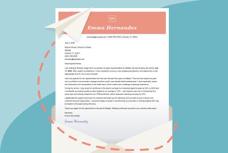 Graphic of a resignation letter in an envelope, showing the employee's name at the top followed by a body of text, with an icon of a paper airplane
