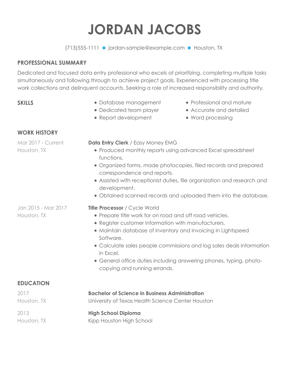 resume summary examples for data entry