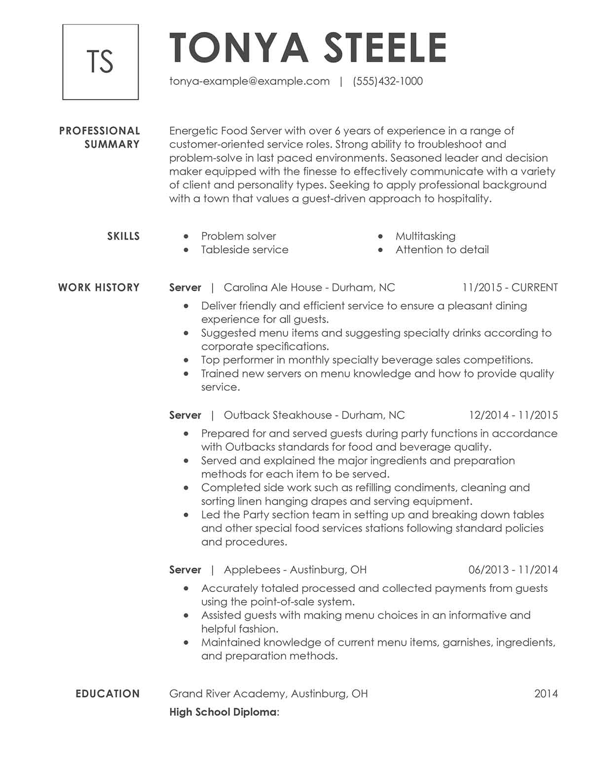 restaurant resume summary examples