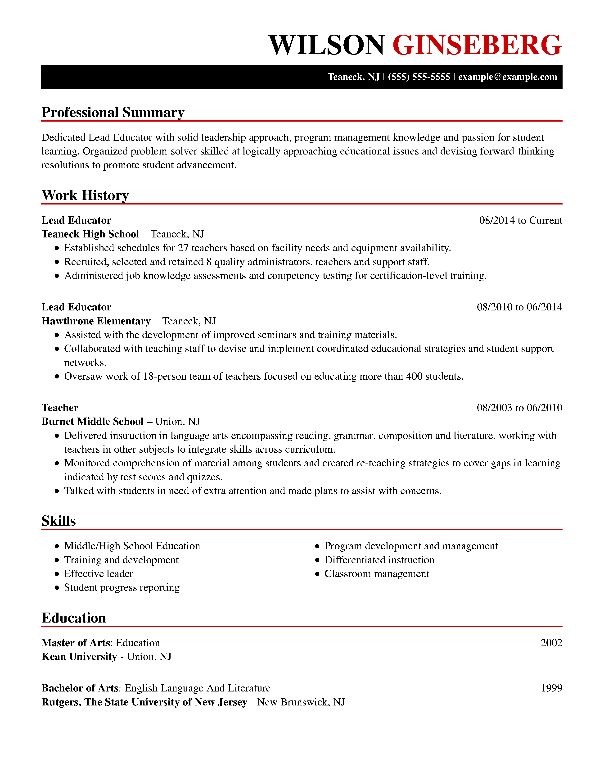 resume for teacher position sample