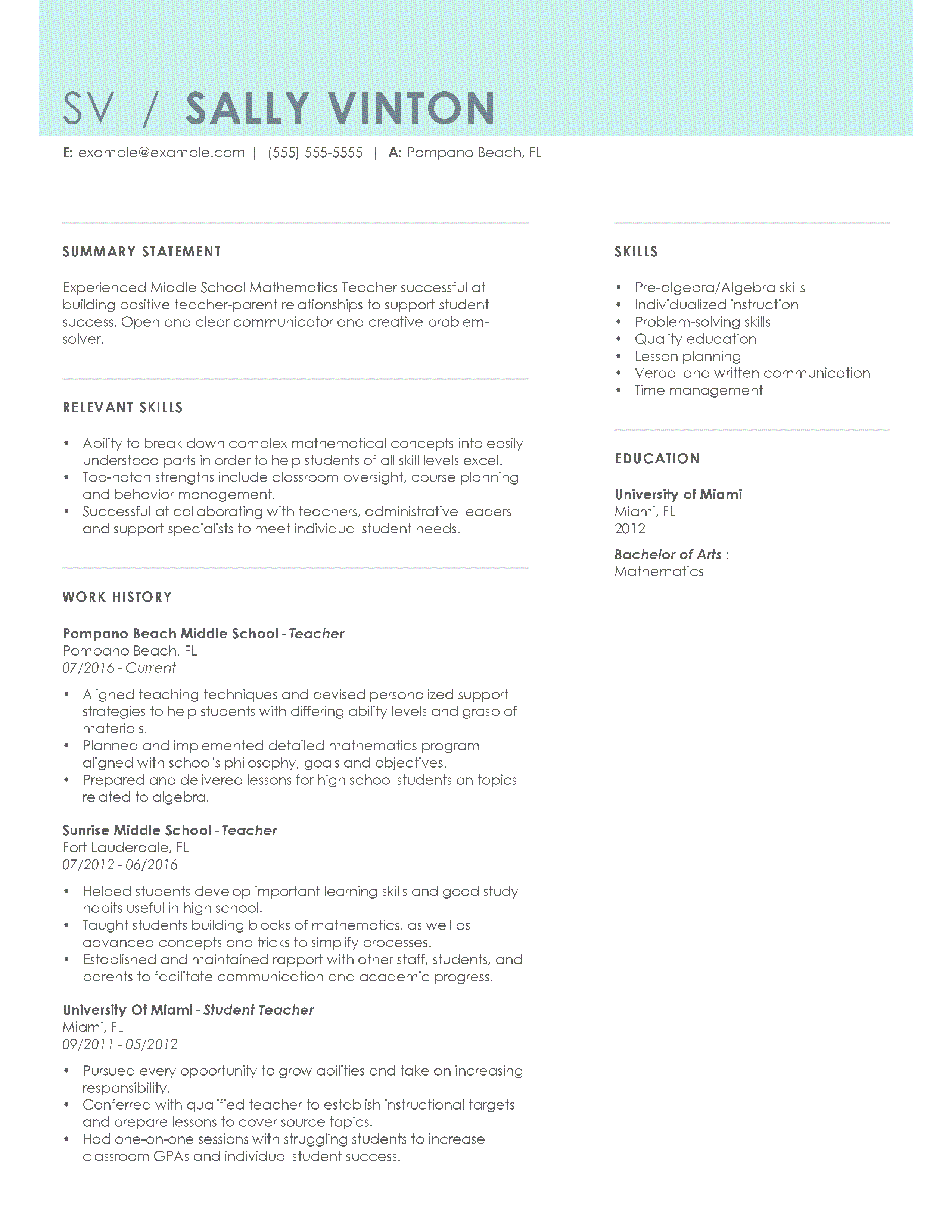 sample resume for teacher with experience