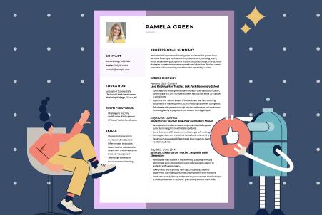 Graphic showing an ATS-friendly resume design that is clean and easily scannable by a computer (e.g., clear sections, standard fonts), alongside an icon of a woman sitting on a chair and a robot holding a thumbs-up symbol