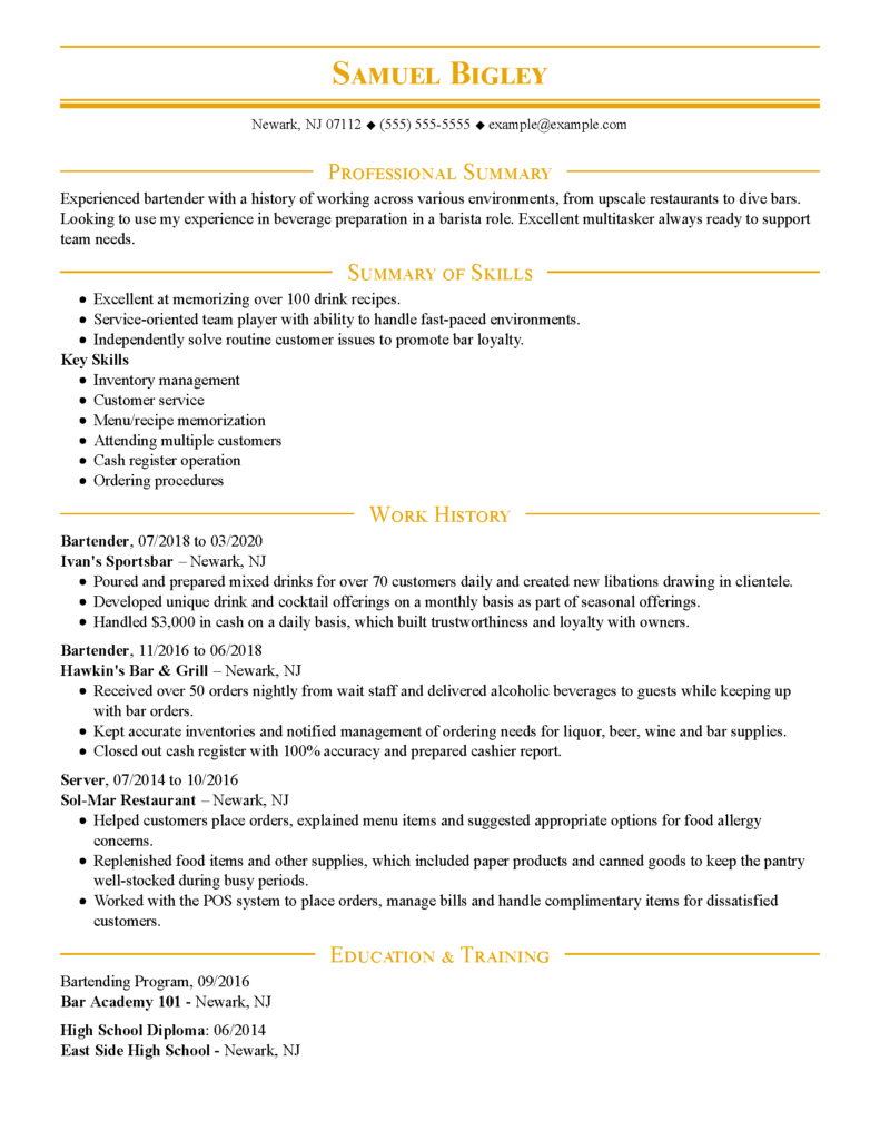 resume for a bartender applying for a barista role