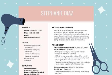 Graphic of a cosmetologist resume with the candidate's name at the top, alongside icons of scissors and a blowdryer