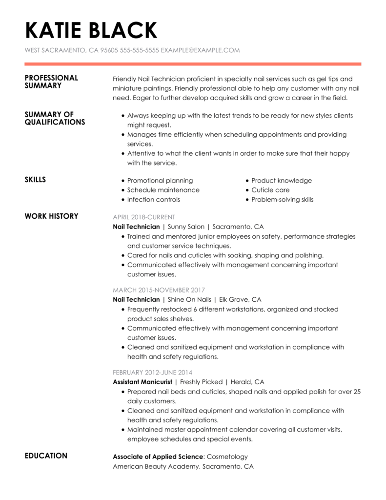 resume for a nail technician applying for a sales associate role