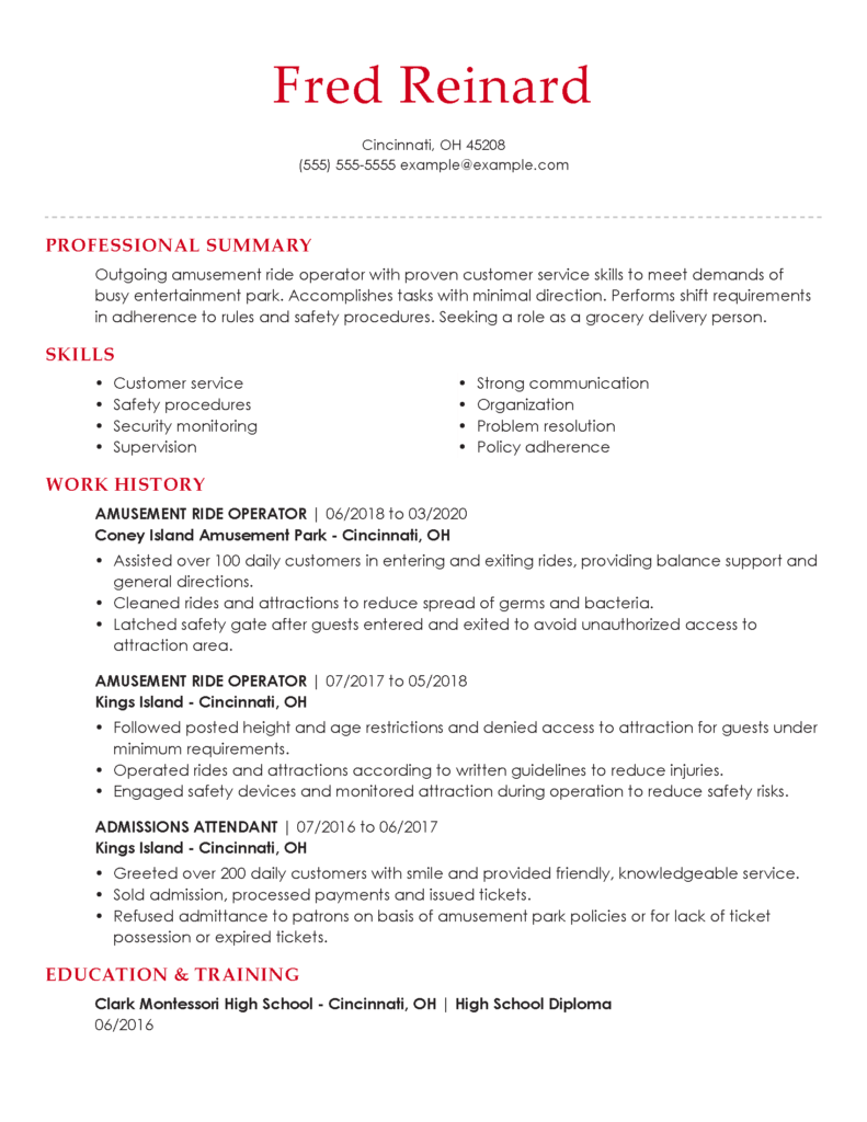 resume for an amusement ride operator applying for a grocery delivery person role