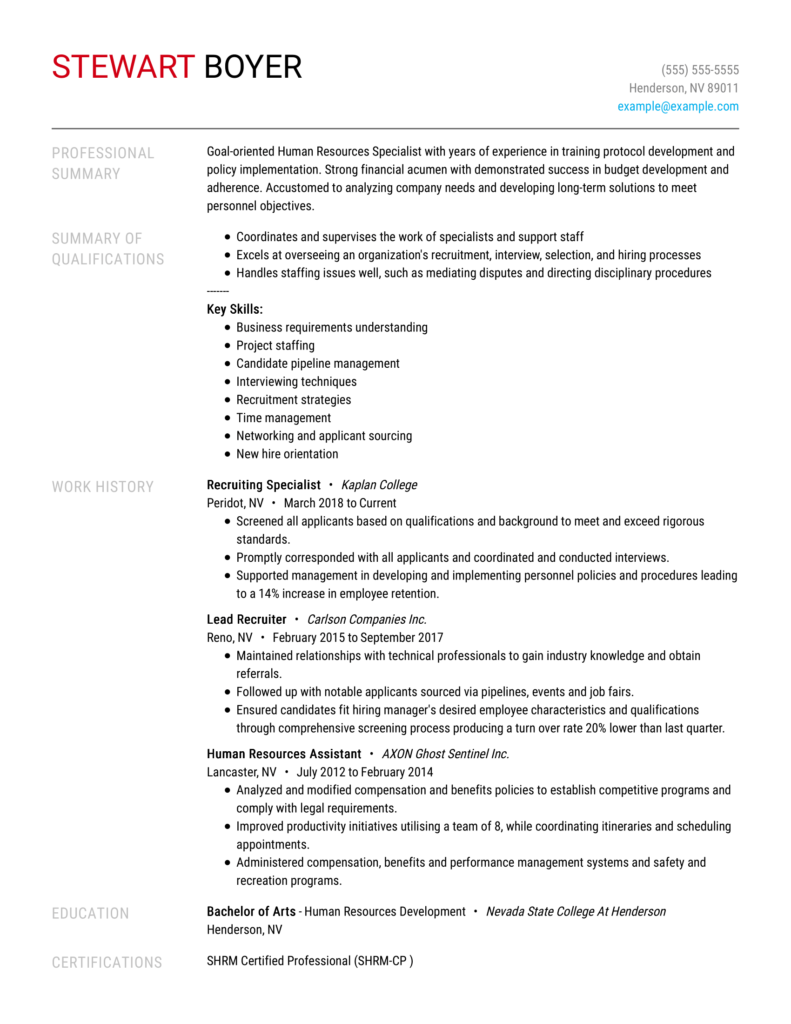 resume for a recruiting specialist applying for a sales manager role