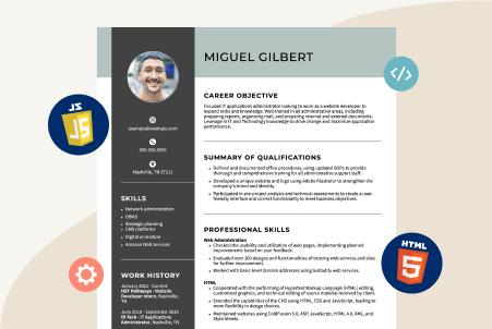 Illustrated graphic showing a resume for an IT professional, with a photo of the applicant in the top left corner, surrounded by IT-related icons