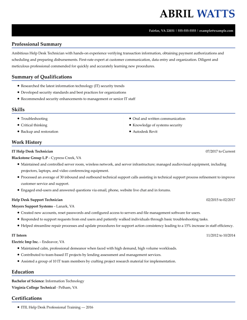 resume for a help desk technician applying for a user experience engineering role