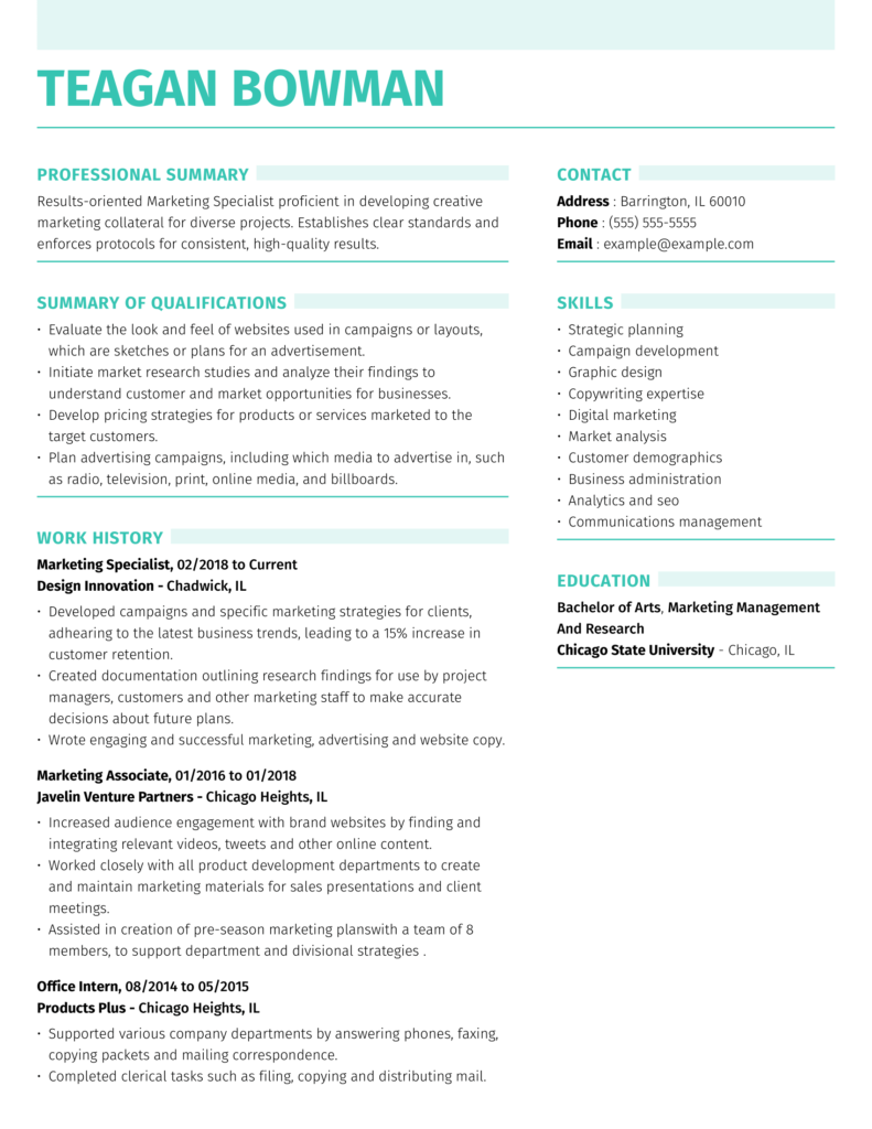 resume for a marketing specialist applying for communications lead role