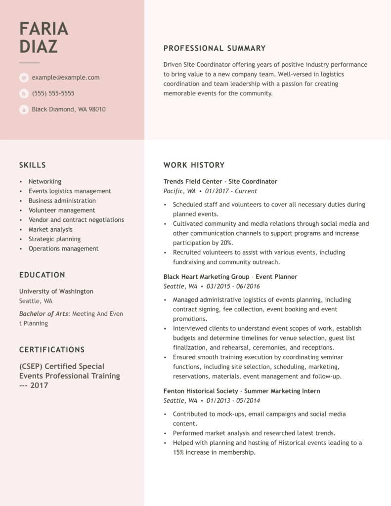 Resume for a site coordinator applying for facilities manager role