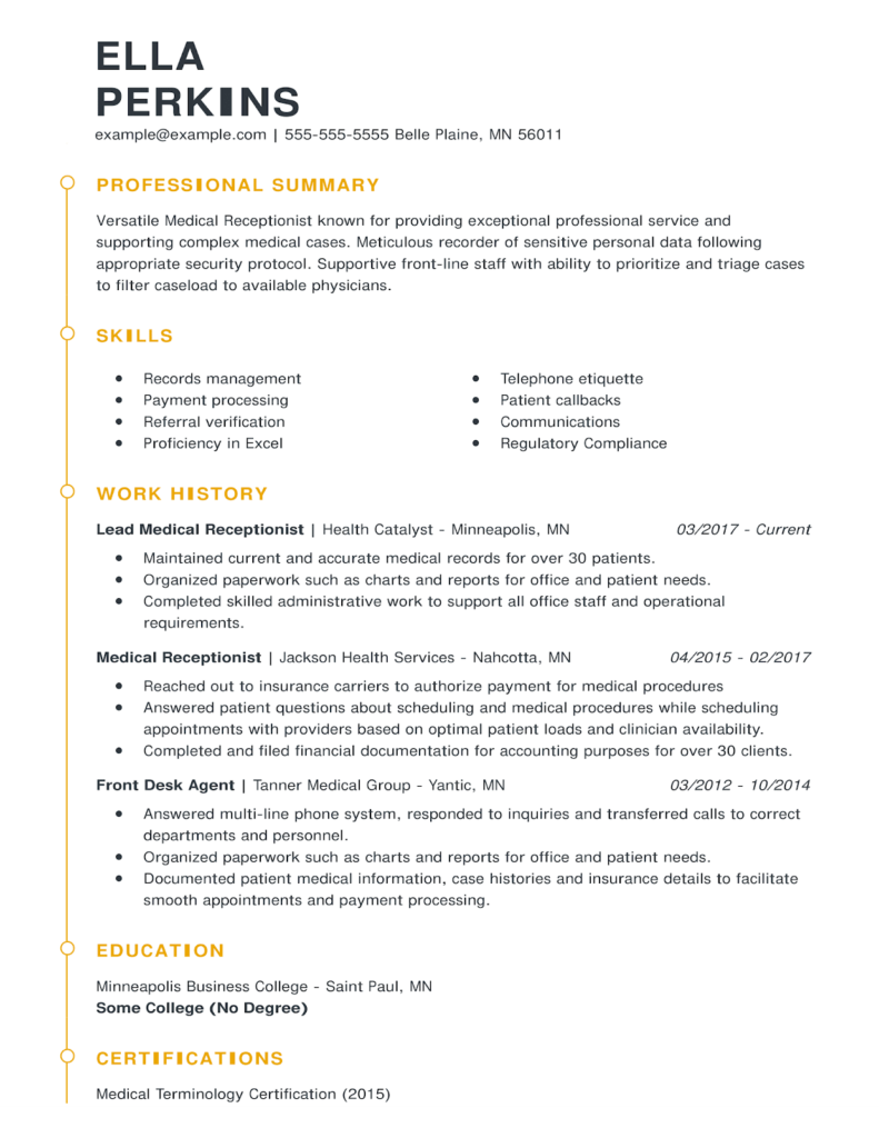 resume for a medical receptionist applying for an office manager role