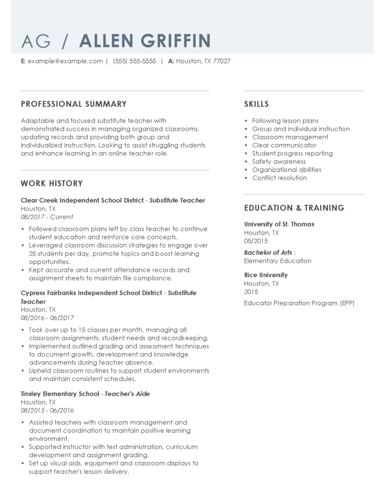 resume for a substitute teacher applying for an online teacher role