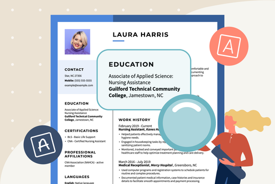 Graphic of a resume with a magnifying glass held by an illustrated woman zooming in on the