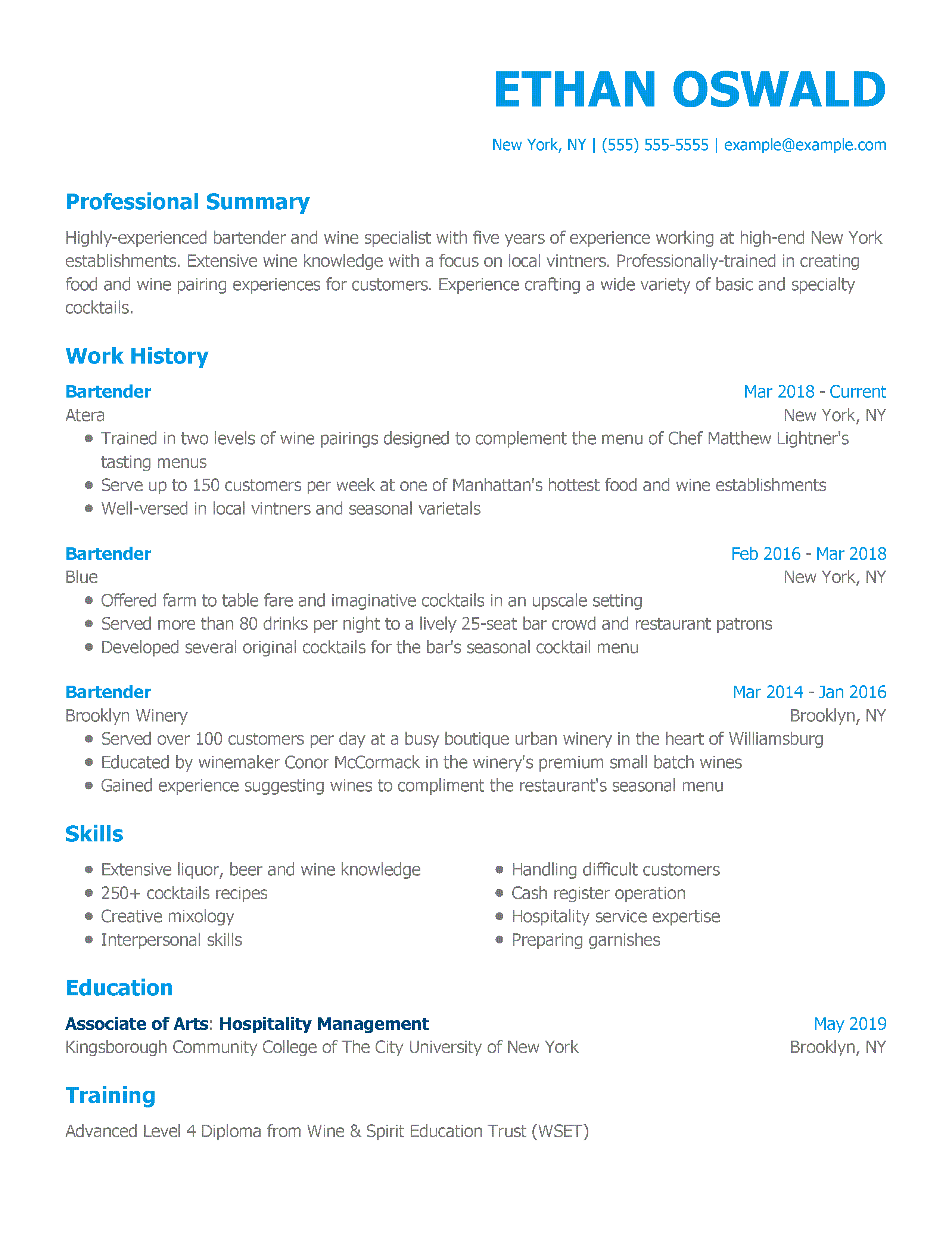 resume job description for bartender