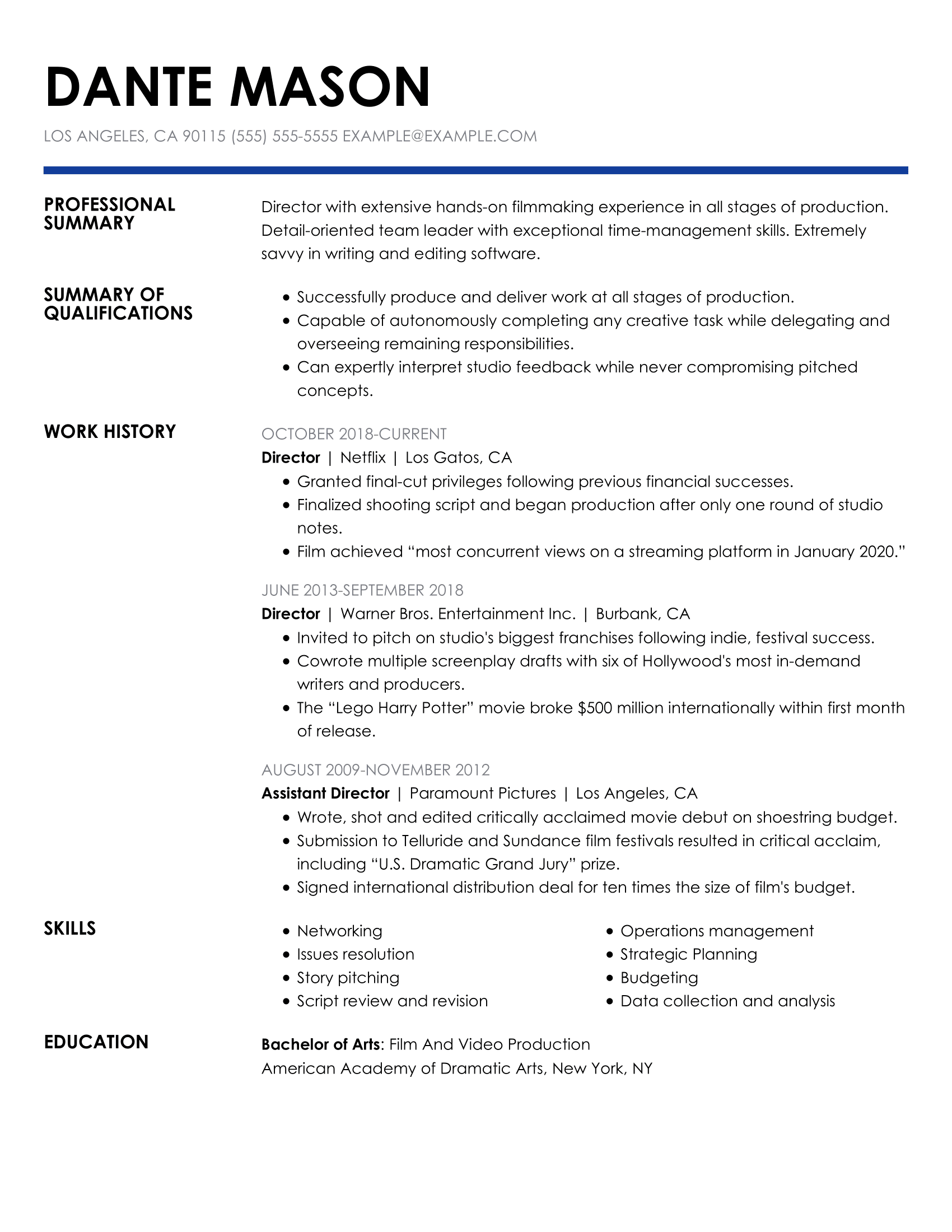 objective on a resume director