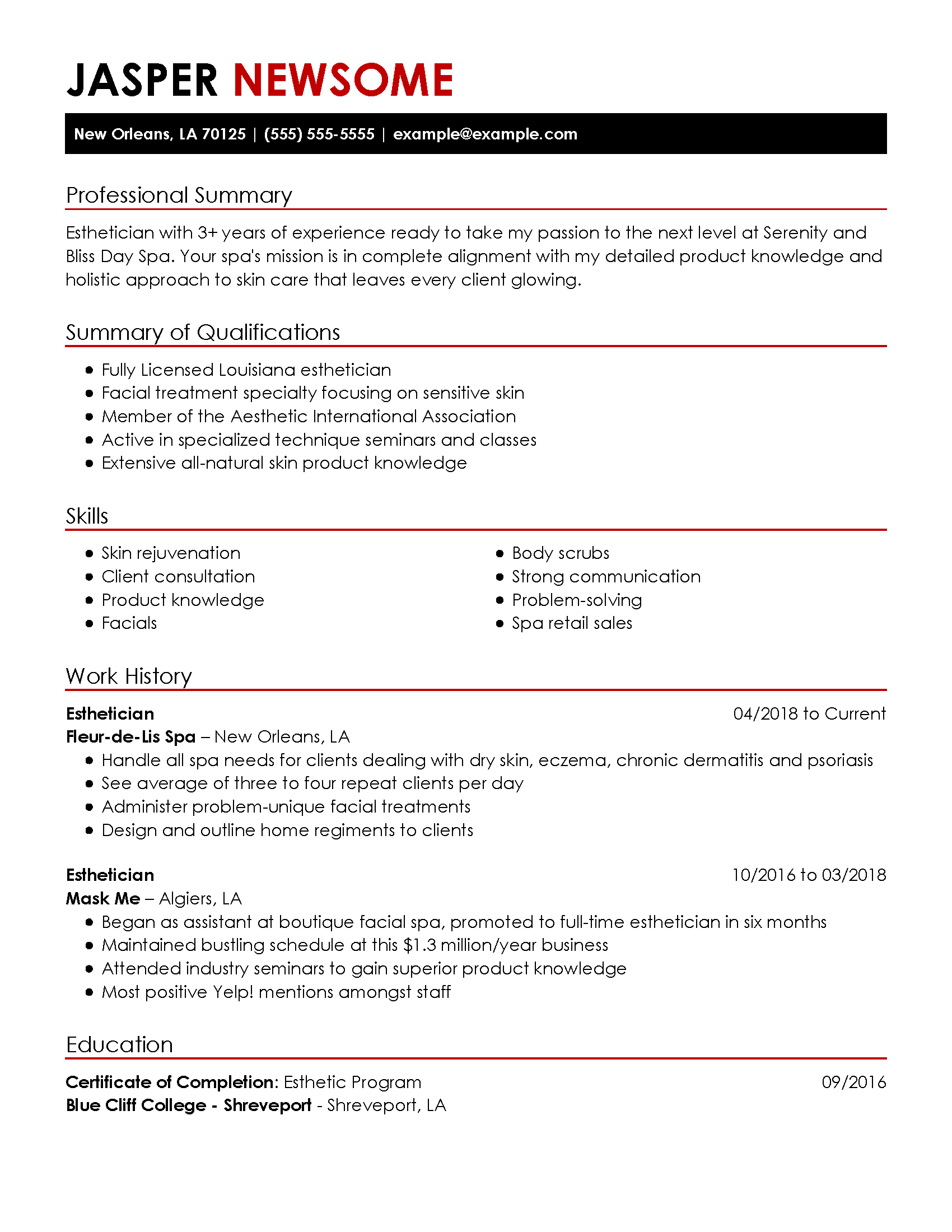 entry level esthetician resume summary