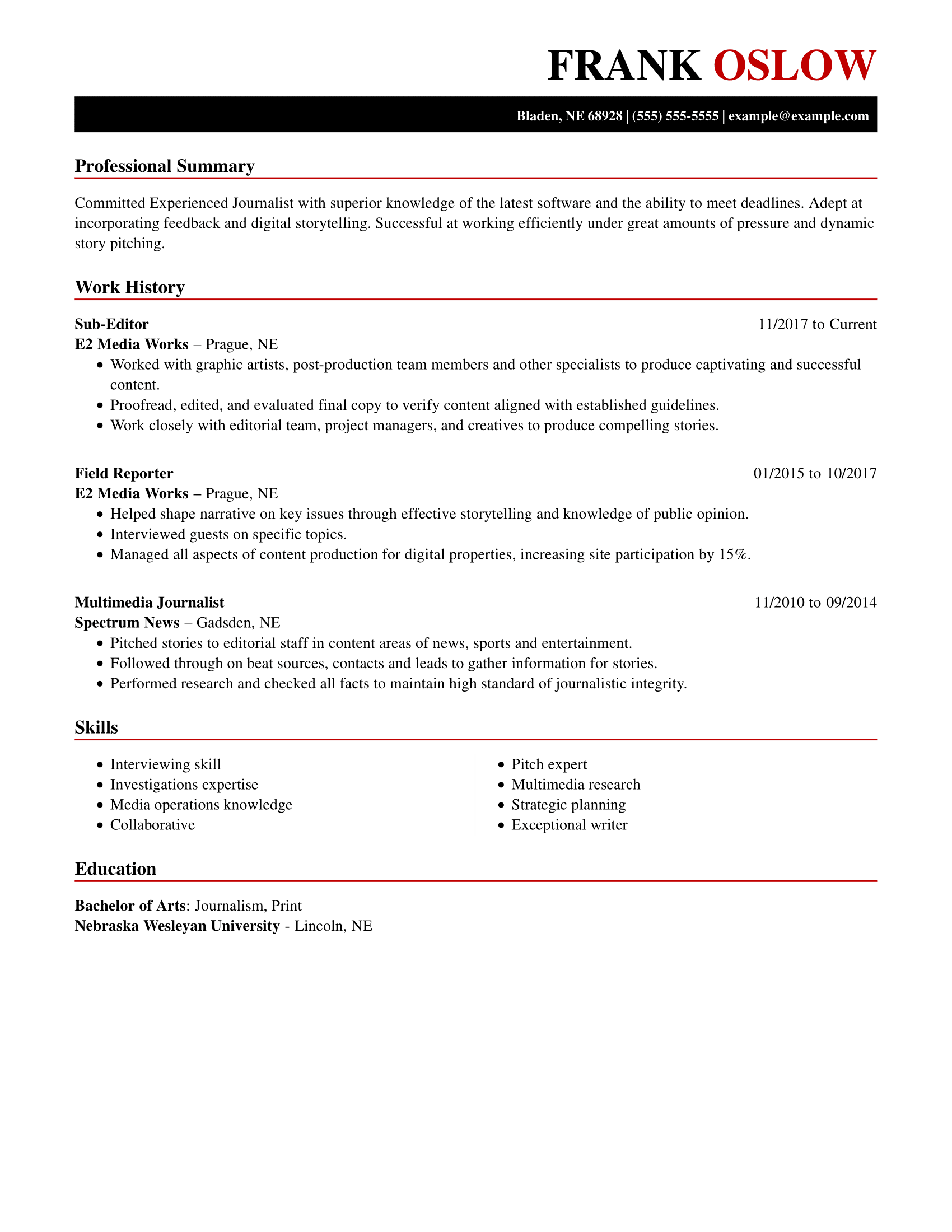 Winning Journalist Resume Example  MyPerfectResume