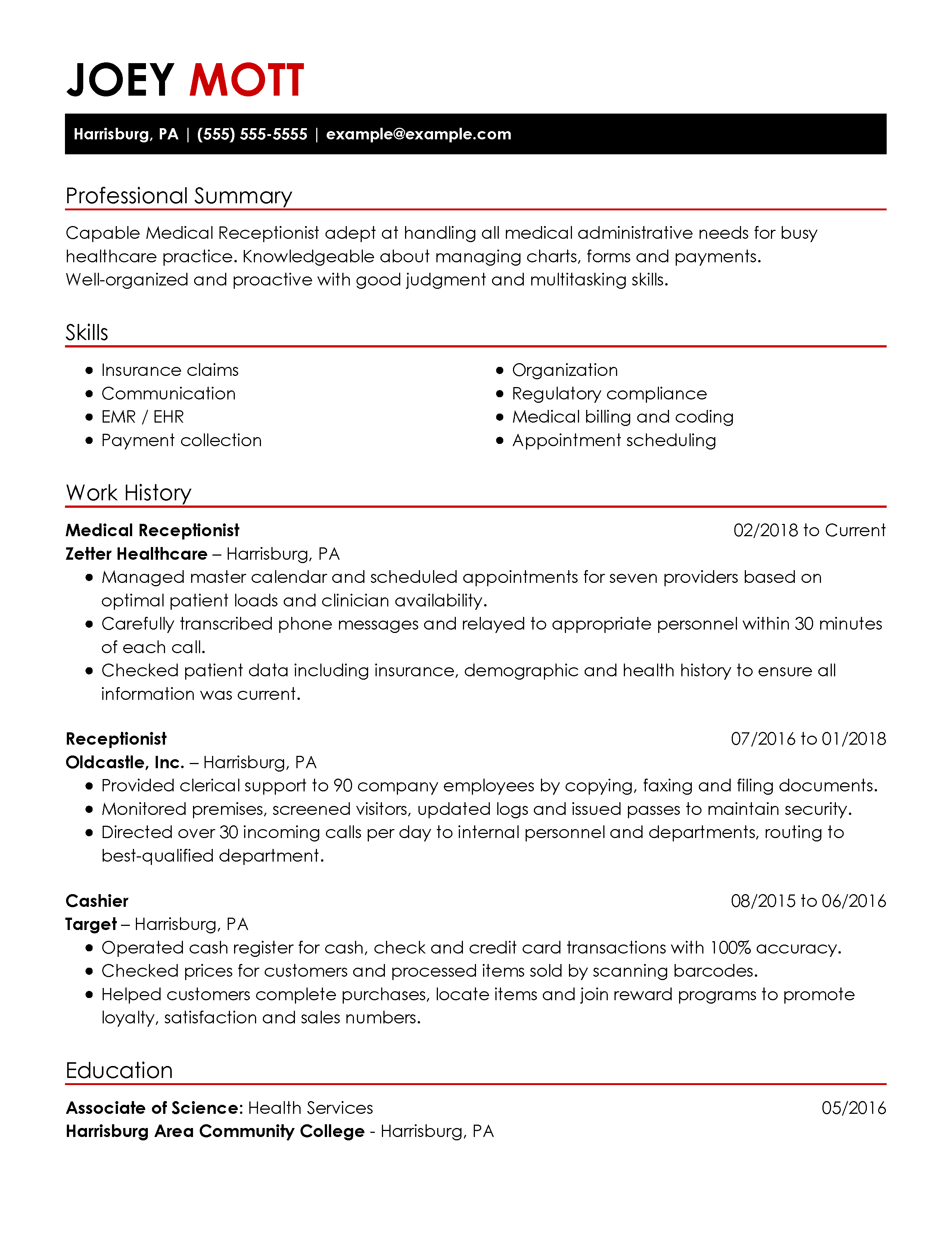 sample resume for receptionist in hospital